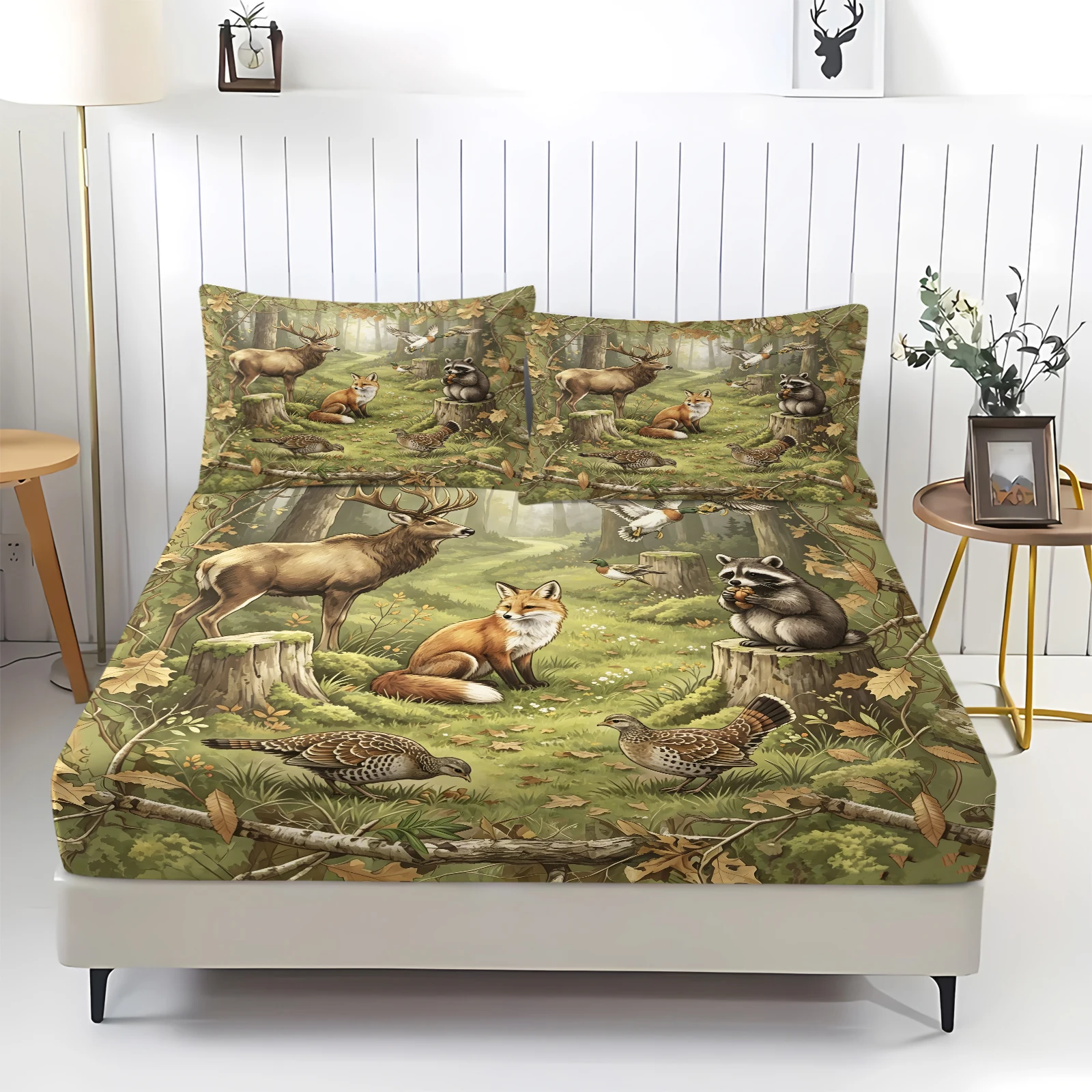 Green Forest Elk Fox Raccoon Fitted Sheet Vintage Woodland Animal Mattress Protector Wildlife Nature Lodge Hunting Bedding Set