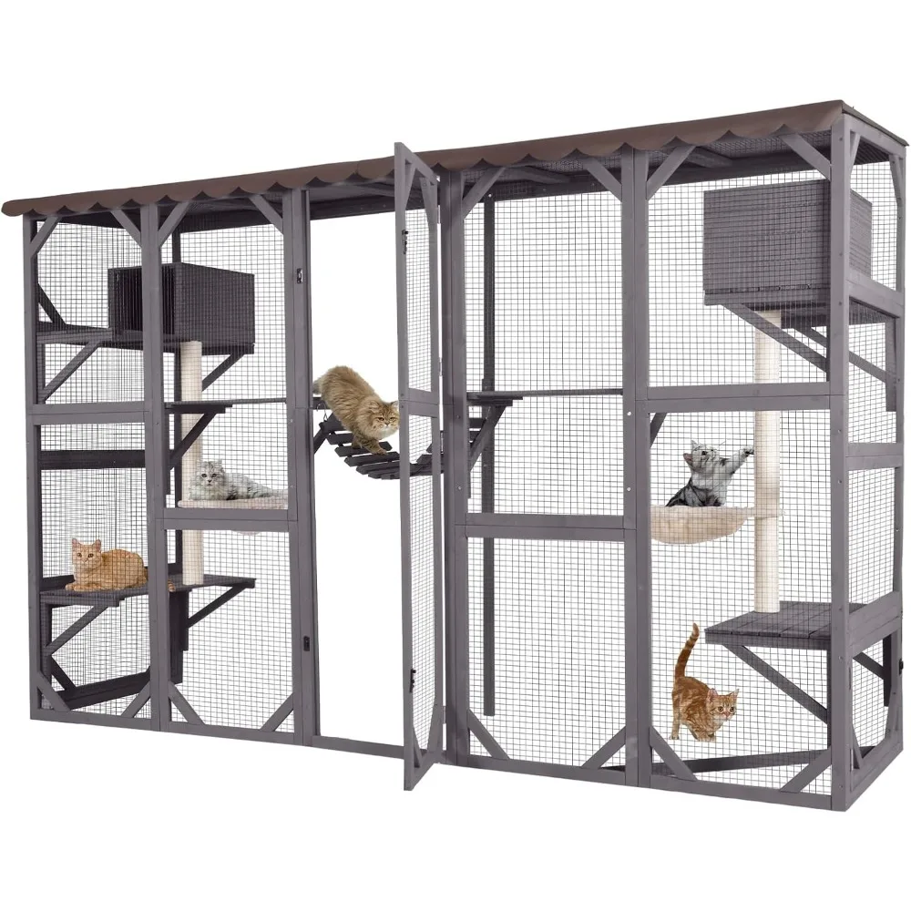 

Cat Enclosure Window Outdoor Large Catio Wall Mounted Wooden Cat Cage with Cat Condo, Baskets and Bridge 104.3''