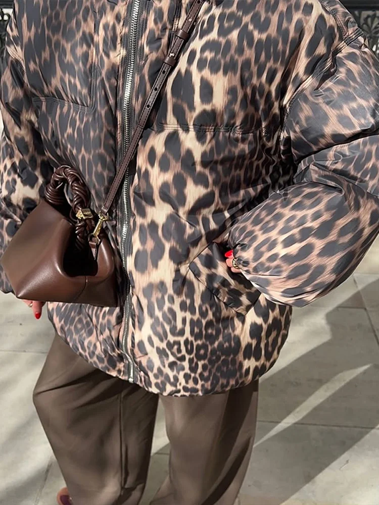 

Fashion Leopard Print Cotton Coat Women's Detachable Hooded Zippers Full Sleeve Overcoats 2025 Winter New Ladies Warm Streetwear
