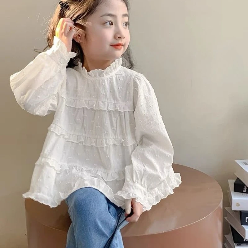 

Shirts Girls Shirt Spring Autumn New Korean Style Baby Girl Long SleeveTop Pure Cotton Lace Fashionable Shirt 2025