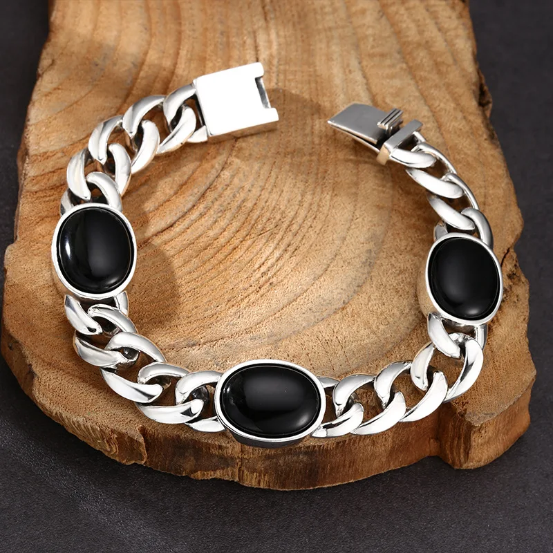 925 Sterling Unisex Style Black Agate Cuban Bracelet, Thai Silver Vintage Jewelry