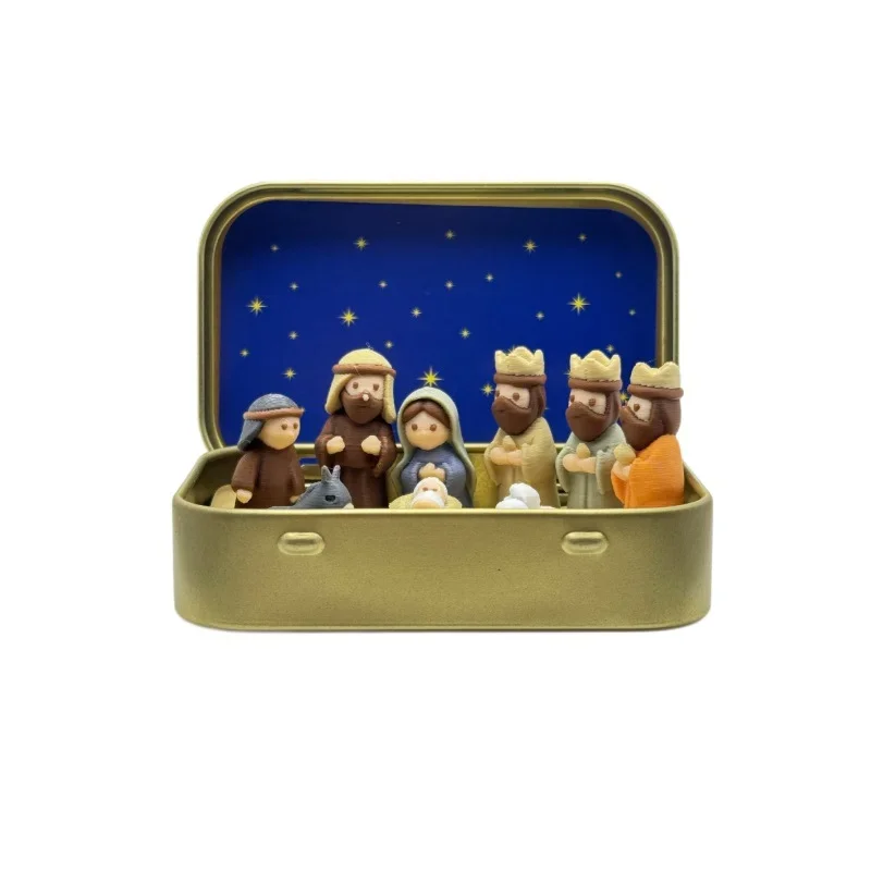 Mini-Weihnachtskrippenset in einer kleinen Eisenbox, Krippenszene in Taschengröße mit Maria, Jesus und Hirten, niedliche Tierfiguren, Weihnachts- und Ostergeschenk, Dekoration. – Detail 7