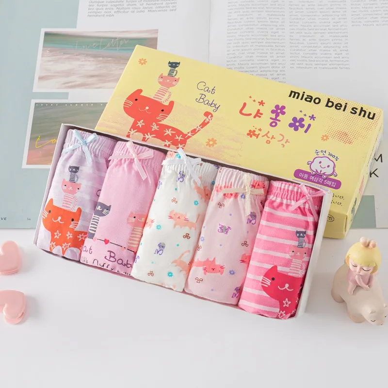 5 Pack Girls Soft Underwear Toddler Kids Briefs Cotton Panties Cute Cat Pattern Soft Girl Underwear