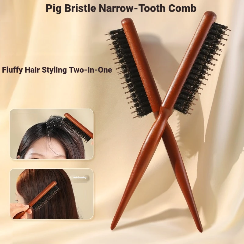 Natural Boar Bristle Wood Handle Hair Brush Anti‑static Fluffy Hair Comb Scalp Massage Barber Hairdresser Styling Tool