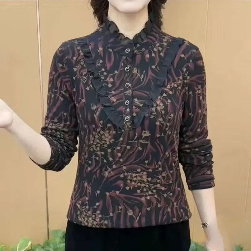 Fashion Stand Collar Folds Spliced Shirt Button Vintage Printed Autumn Winter Fleece Female Clothing Casual Long Sleeve Blouse