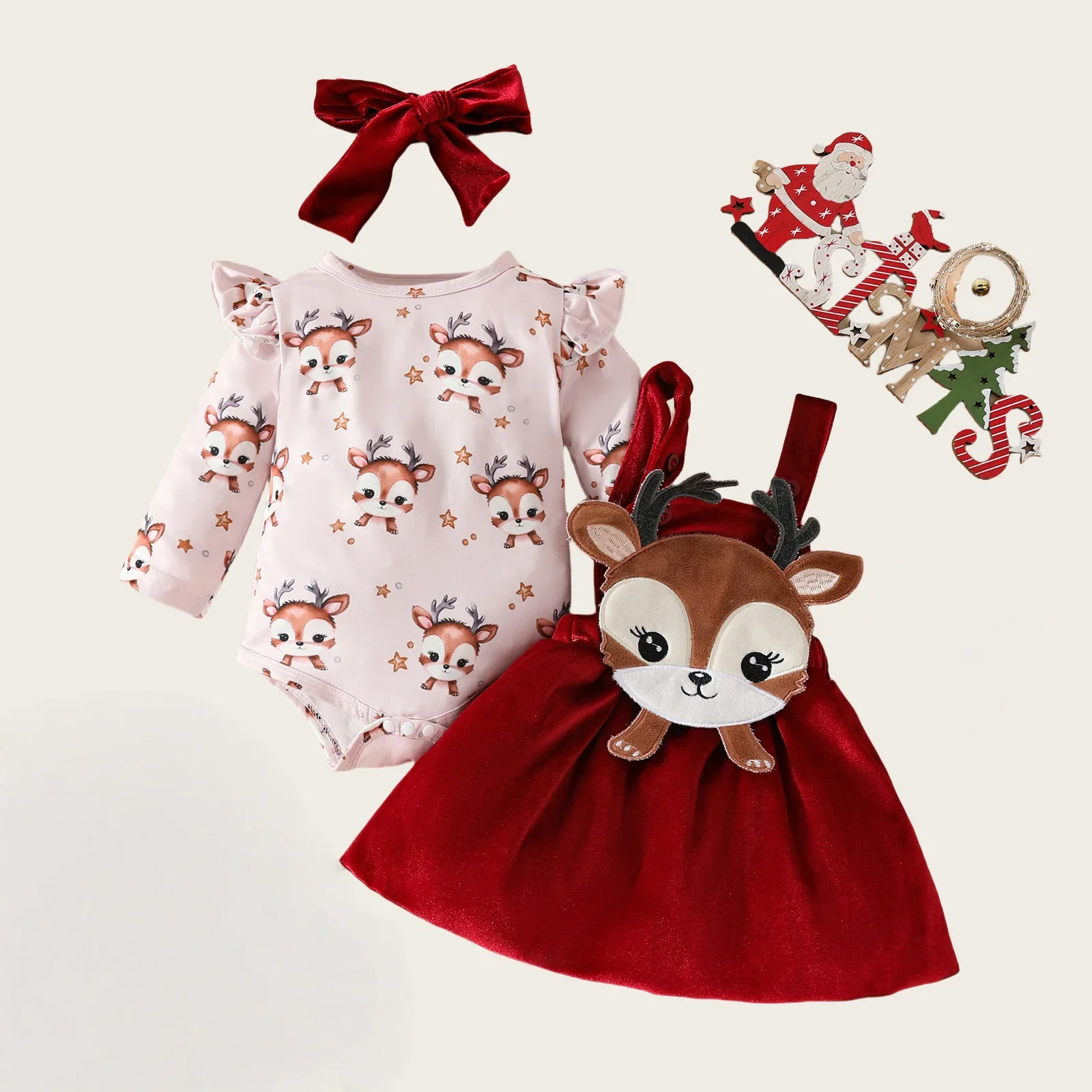 

Baby Girl Christmas Outfit 3Pcs Sets 0-18M Deer Print Bodysuit and Velvet Suspender Dress and Headband Festive Baby Clothes