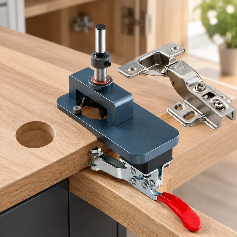 Precision Drill Guide Clamp for 35mm Cabinet Hinges - Hardened Steel Edge Jig for Furniture Installation