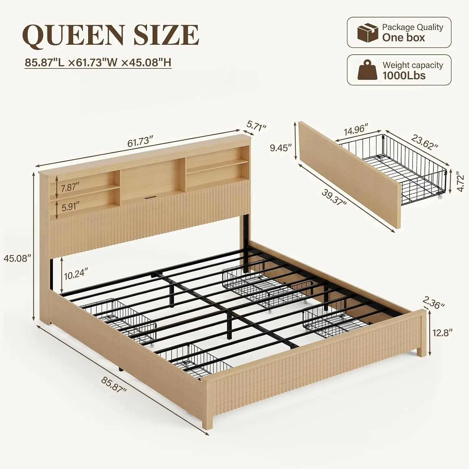 Queen Size Bed Frame with 4 Storage Drawers, Natural | Metal Platform Bed Frame with Tall Headboard, Queen Bed Frame with LED Li - view 2