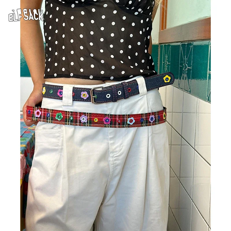 ELFSACK Women's Y2K Denim Belt with Colorful Flower Embroidery, Vintage Decorative Waist Strap for Daily Street Outfits
