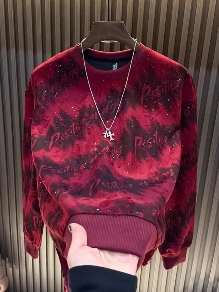 

Red Rhinestone Fce Lined Long Sve round Ne Sweatirt Men's Winter Warm Casual Comfortable Polyester Knitted Top