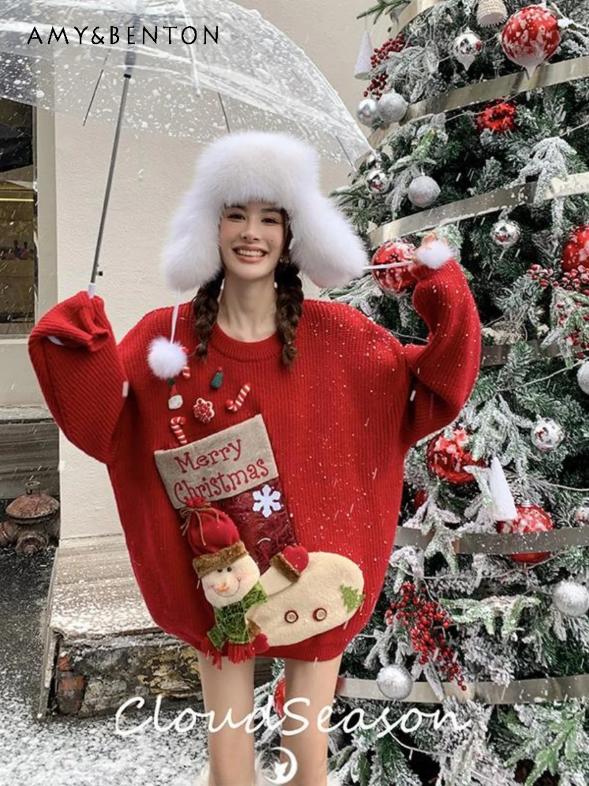 

Autumn Winter New Hot Sale Ladies Christmas Snowman Cartoon Print Loose Casual Red Khaki Round Neck Long Sleeve Sweater