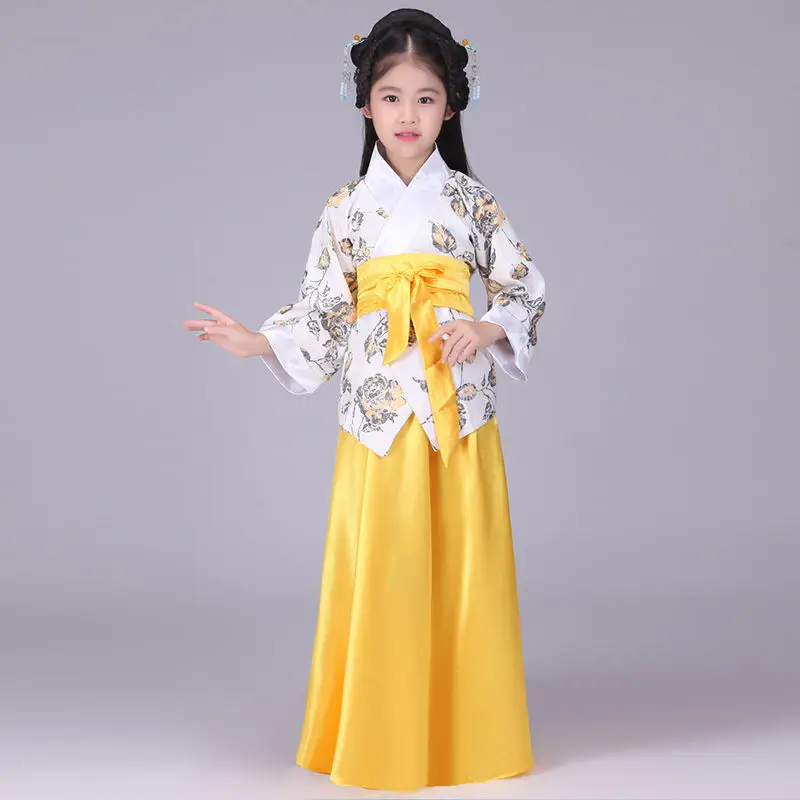 Chinese silk robe Costume Girls Children Kimono China Traditional Vintage Ethnic Fan Students Chorus Dance Costume Hanfu