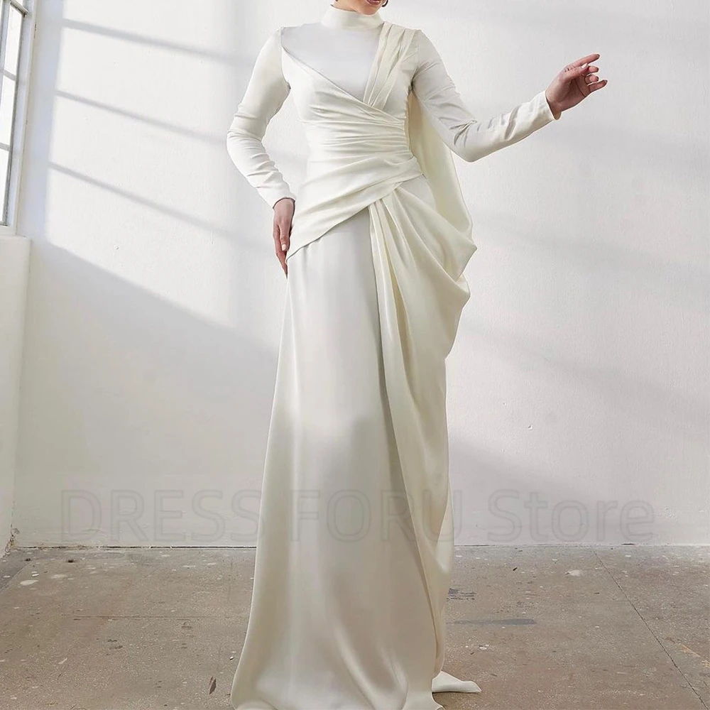 Classic Muslim Evening Dress High Neck and Long Sleeves with Pleat Floor Length vestidos de fiesta elegantes para mujer2024