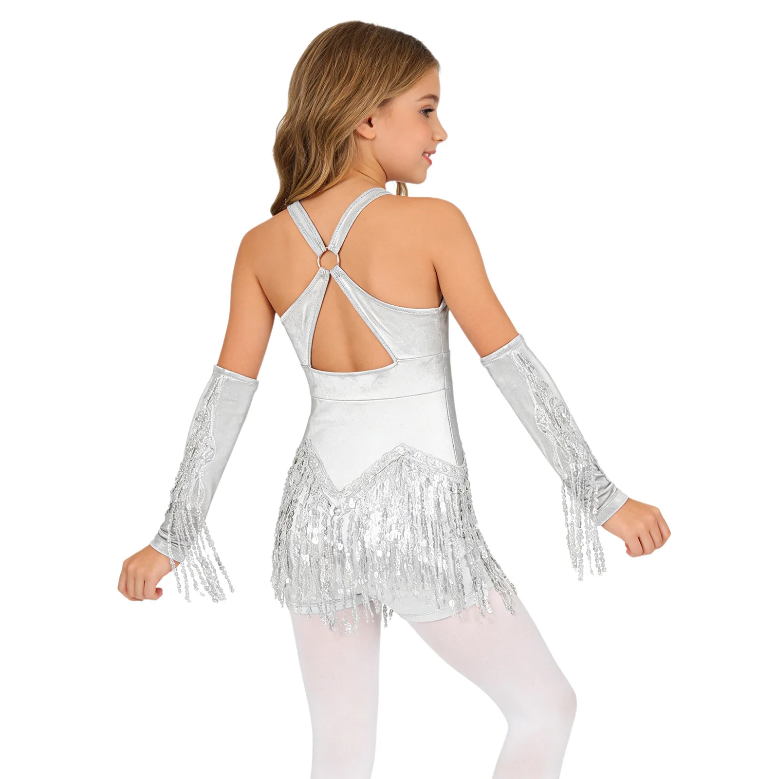 

Kids Girls Latin Dance Cha-Cha Tango Samba Performance Costume Sleeveless Sparkly Sequins Tassel Leotard with Metallic Gloves