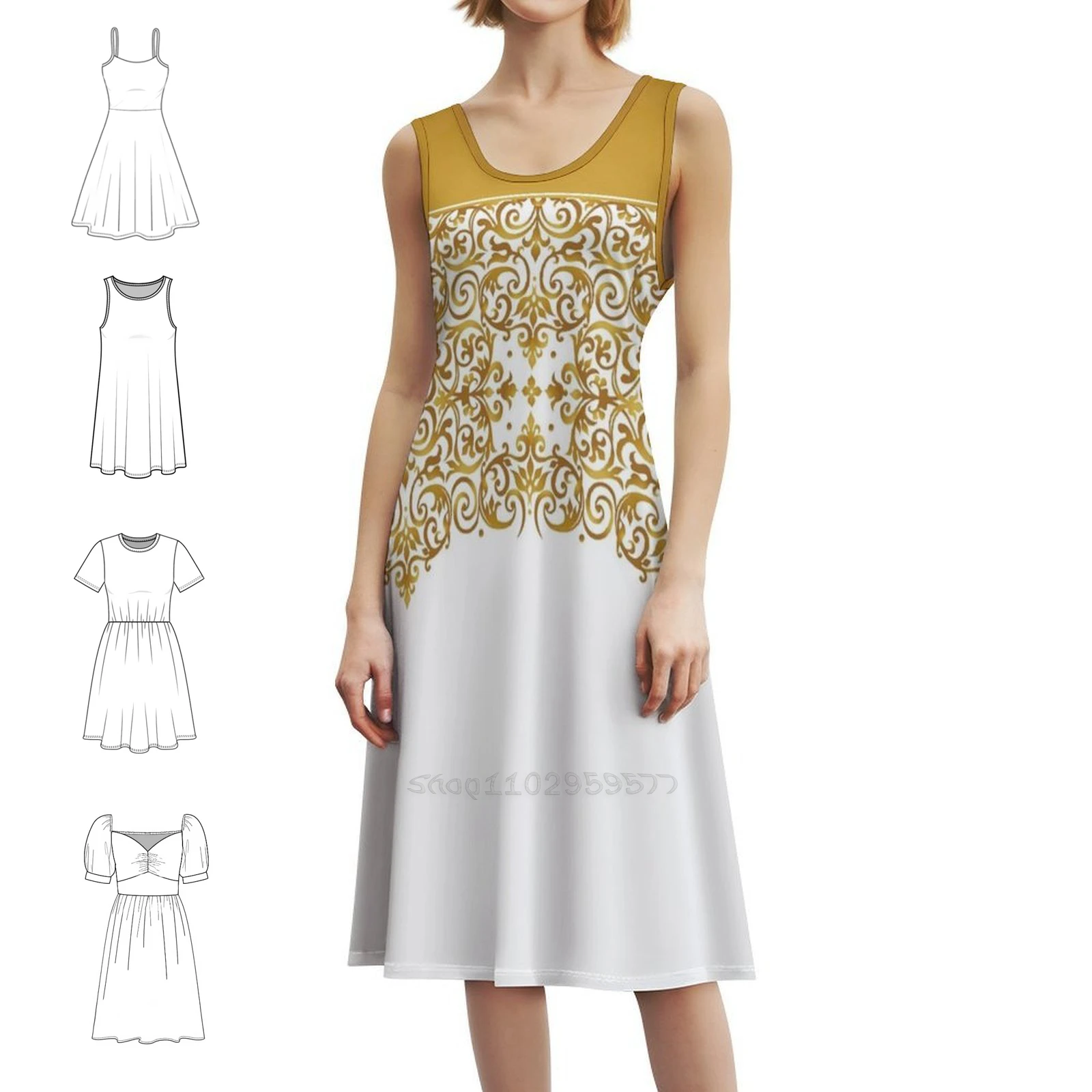 

Мини-платье в консервативном стиле с золотым декором для женщин, свободное повседневное платье трапециевидной формы, абстрактное арабское платье в стиле барокко