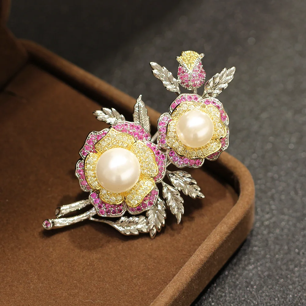 

Light Luxury High-end Micro-inlaid Zircon Peony Flower Brooch Elegant Retro Bouquet Exquisite Pearls Women's Accessories Pin