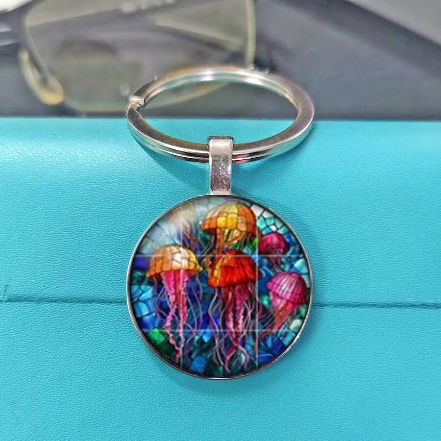 Bright Rainbow Multicolor Cluster Jellyfish Glass Cabochon Keychain, Dreamy Mermaid Tropical Ocean Backpack Purse Decor Key Char