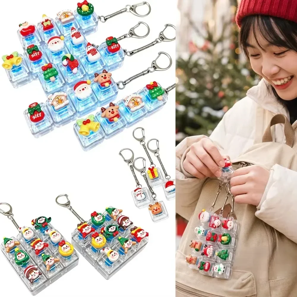 HOT Christmas Light Up Keychain Fidget Keyboard Keycap Acrylic Clicker Stress Relief with LED for Backpack Keyring Decor Gift@