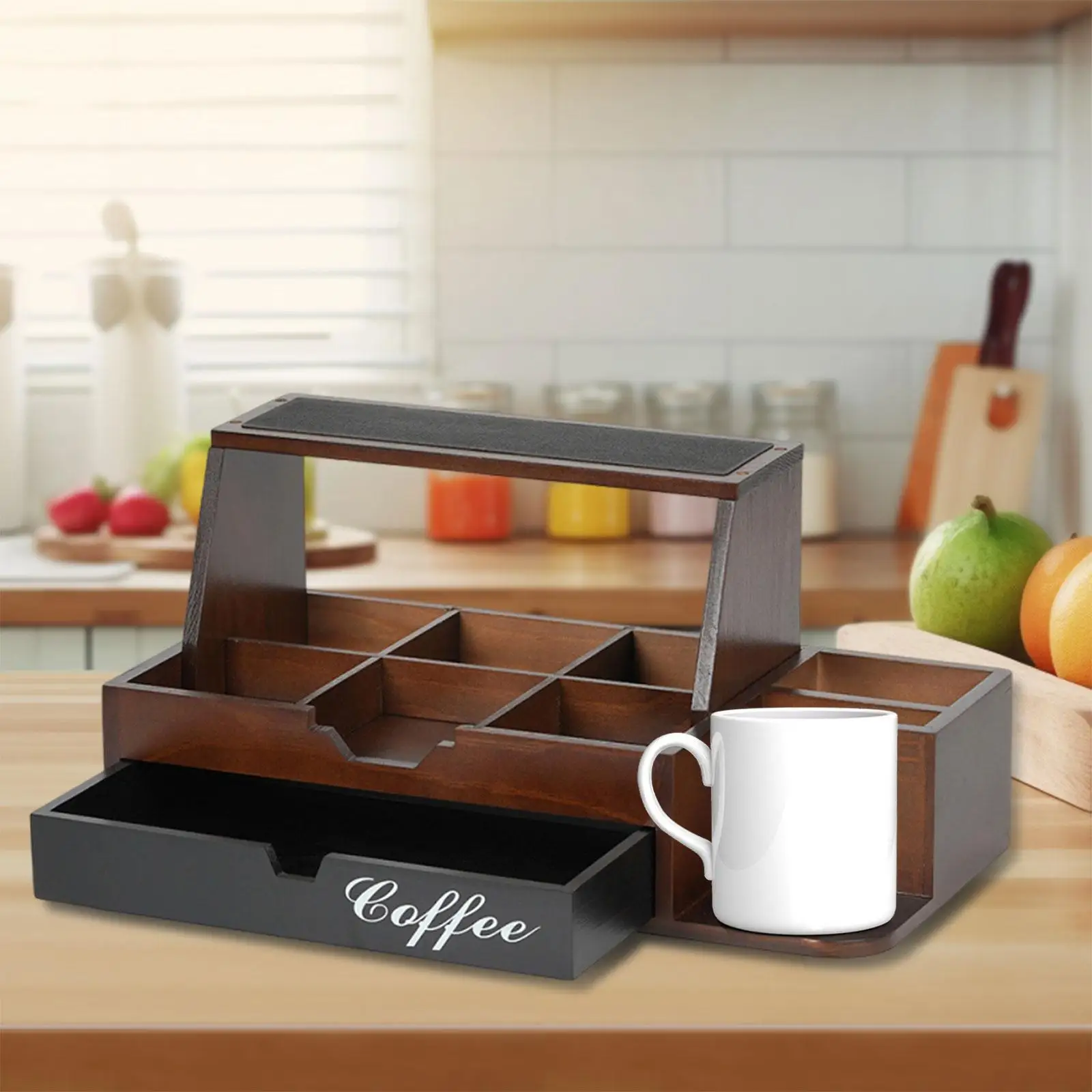 

Coffee Station Organizer with Compartment Accessories with Drawer Tea Condiment Storage Caddy Sturdy Decoration Storage Basket