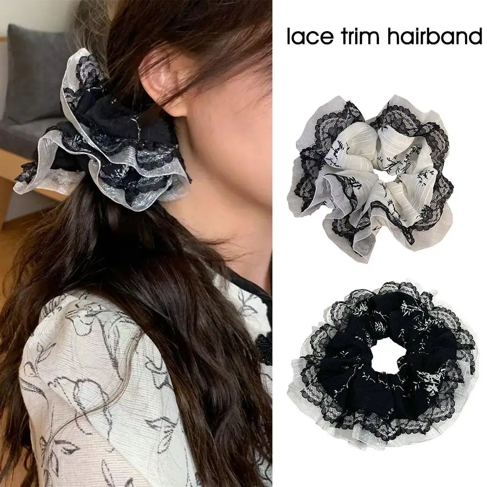 Sweet Girls Lace Trim Jacquard Fabric Scrunchies Ponytail Holder Hair Ties Elastic Hair Rope For Women Girls Hair Accessori M9O1