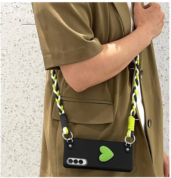 Diy Cute Heart Wave Crossbody Long Rope PC Phone Case for Samsung Galaxy Z Fold6 Case for Galaxy Z Fold 4 3 2 1 Cover Z Fold5