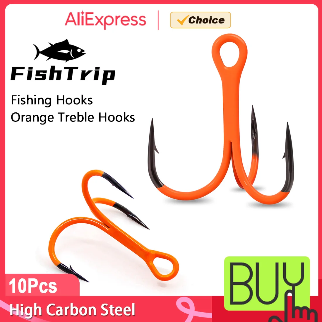 FishTrip 10 Stück 2 x starke Drillinge, orange UV-beschichtete Spitze, Köder-Angelhaken, Hartstahl, Salzwasser-Antikorrosionshaken