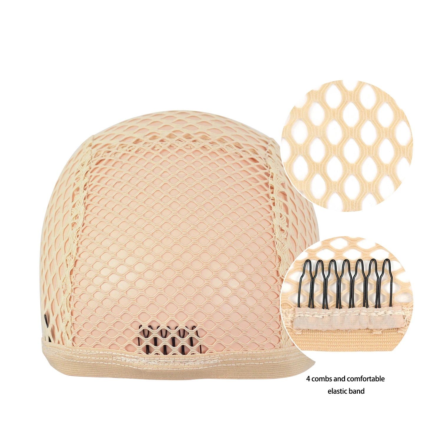 Mesh Dome Wig Caps com pentes e Big Hole, Cap Crochet para fazer perucas, Boné de tecelagem bege, 4 Clips, 1Pc