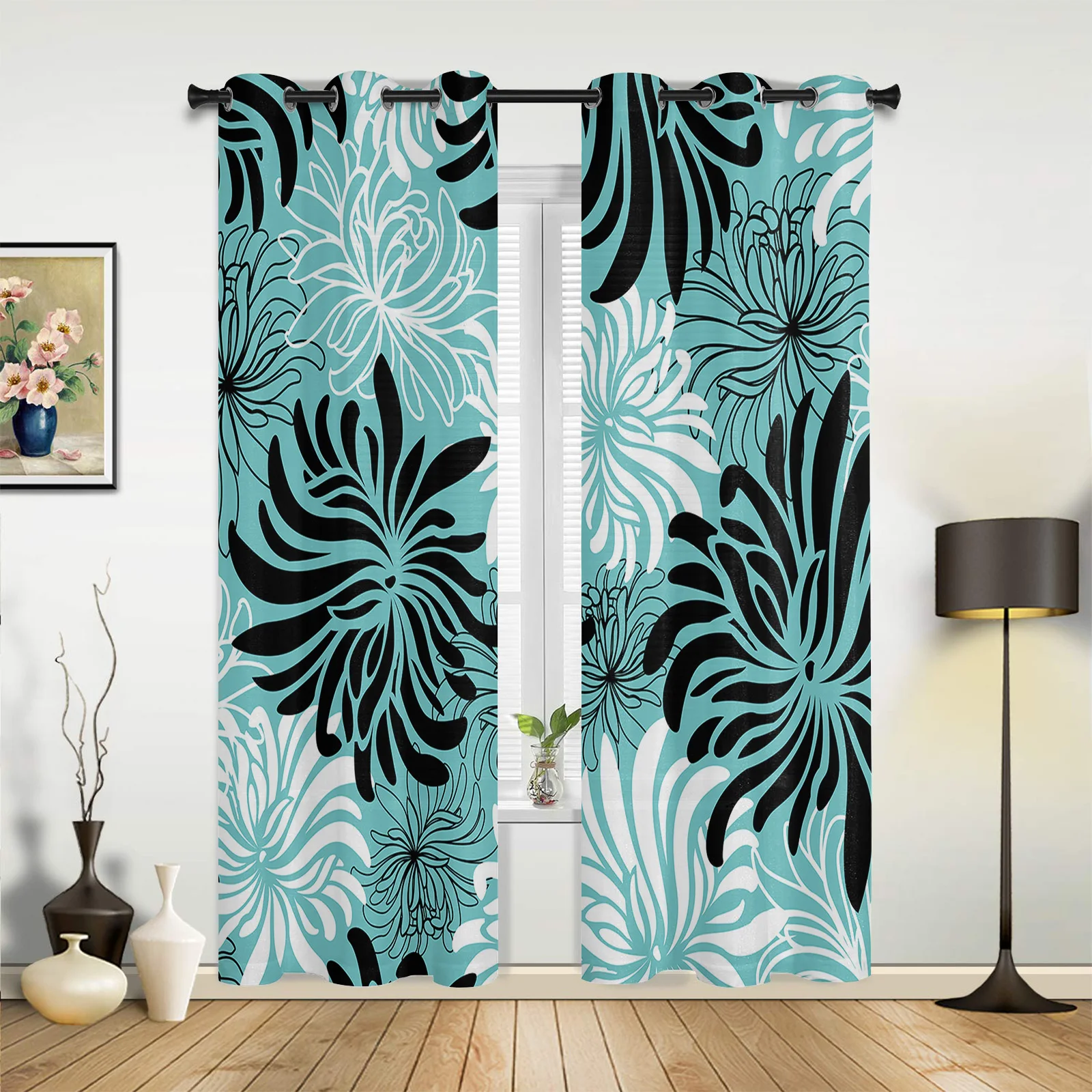 

Water Green Chrysanthemum Black White Retro Flower Curtains for Bedroom Living Room Drapes Kitchen Window Curtain Home Decor