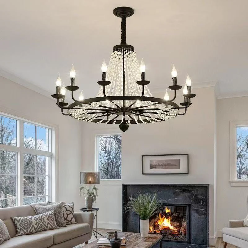 American Retro Crystal Candle E14 Chandelier Living Room Luxury Led Pendant Lights Painted Iron Led