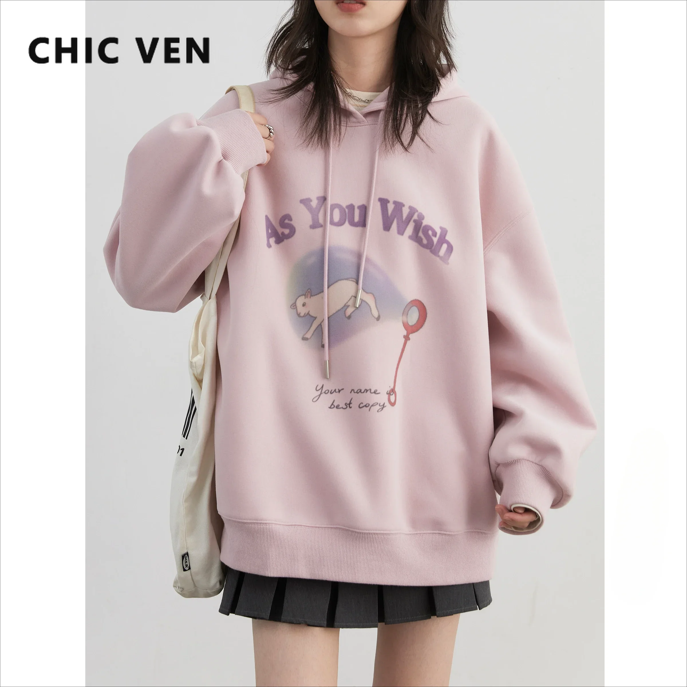 CHIC VEN Women Sweatshirts Pullover Loose Casual New Design Lamb Cartoon Hoodie Coat Sports Female Top Autumn Winter 2024