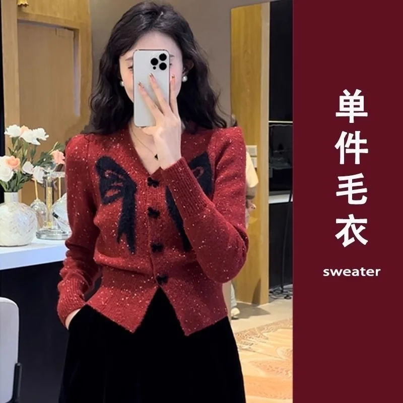 

Cardigan Women Clothing Outerwears Knitwear V-neck bow Pink Sweater Women's Autumn and Winter Short Sweater Long Sleeve Coat