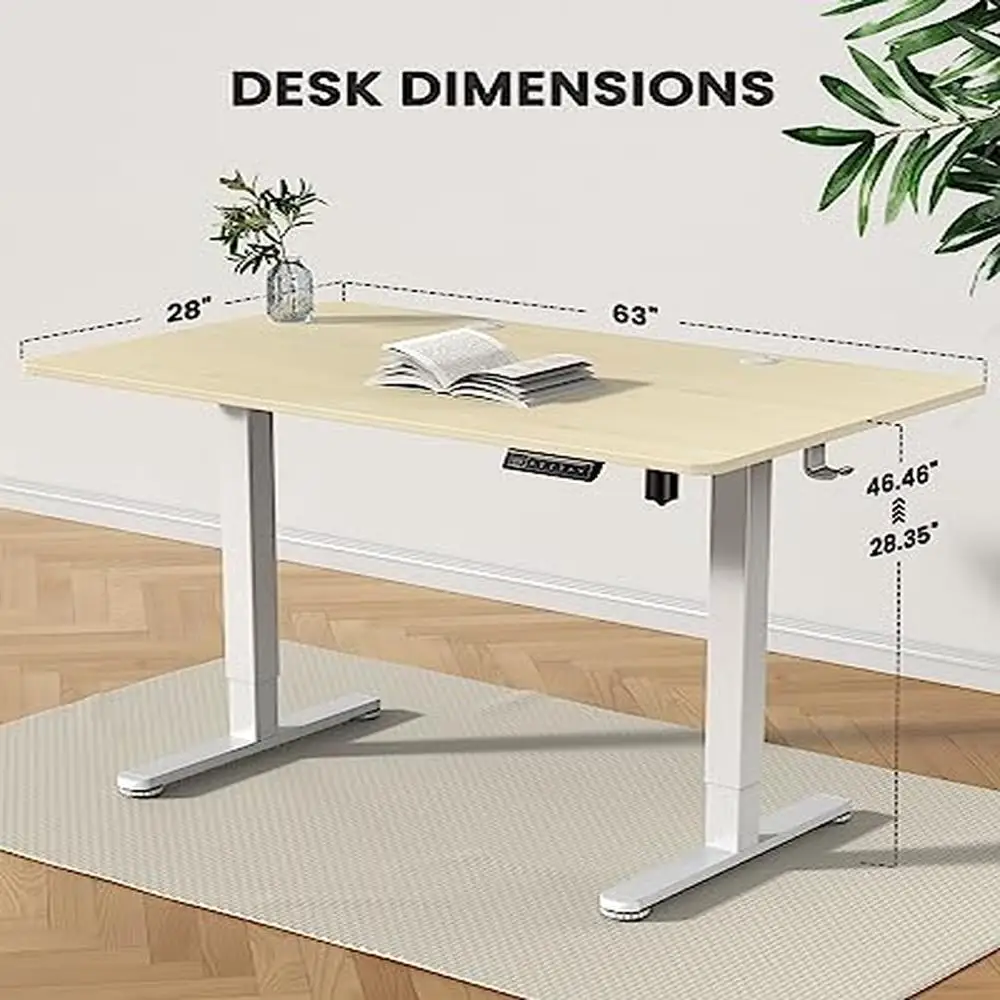 Electric Standing Desk Height Adjustable 63x28 Inches Large Memory Computer Office Natural Wood Steel Base Ergonomic Rectangular