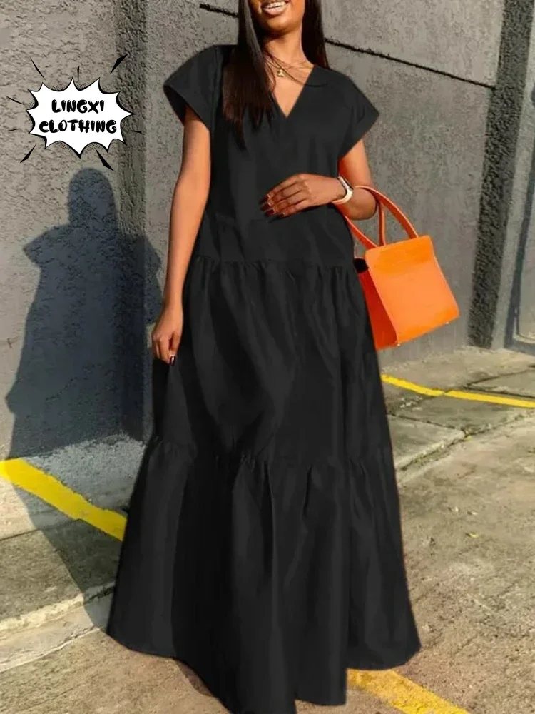 2024 Autumn Women\'s Large Size Loose Elegant Women\'s Dress V-Neck Temperament Gathering Women\'s Gown Sexy Holiday Dress