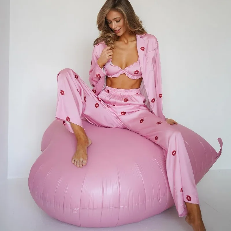 Women's 3 Piece Pajama Set  Long Sleeves  Satin Love Print  Comfortable Lounge wear  Autumn  Winter Europe  America Sexy Sweet