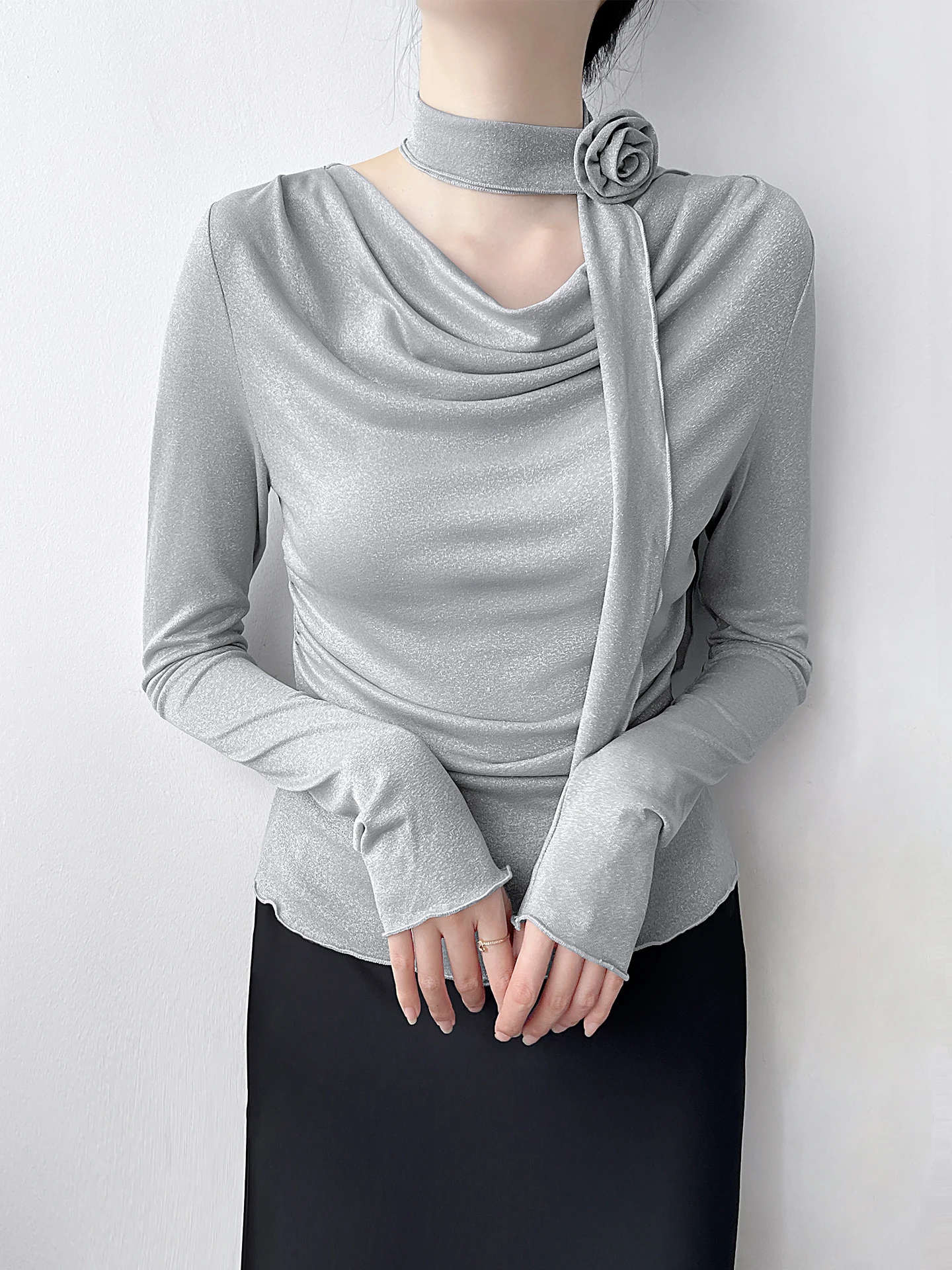 

Корейская женская трикотажная футболка с длинным рукавом, базовая, с цветочным принтом, плиссированная, с воротником-стойкой, для повседневной носки