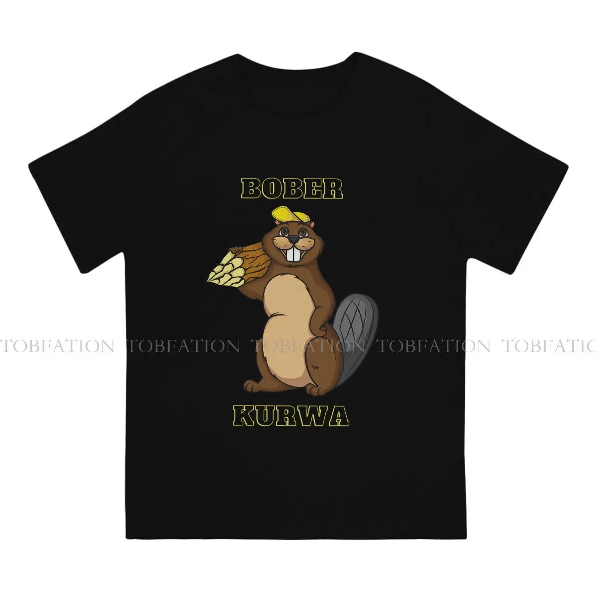 Beaver With Tree Trunk And Yellow Cap Graphic TShirt Kurwa Bobr Bober Style Tops Casual T Shirt Male Short Sleeve Unique Gift