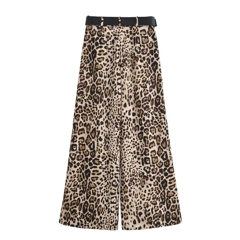 Pantaloni Y2K Pantaloni leopardati a vita alta da donna Gamba larga in raso con cintura Moda di strada casual estiva americana