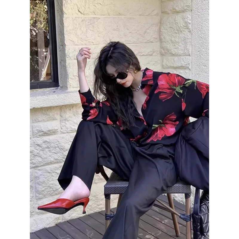 Women Clothing Vintage Chinese Style Floral Print Shirts Spring Summer Chic Elegant Turn-down Collar Long Sleeve Chiffon Blouses