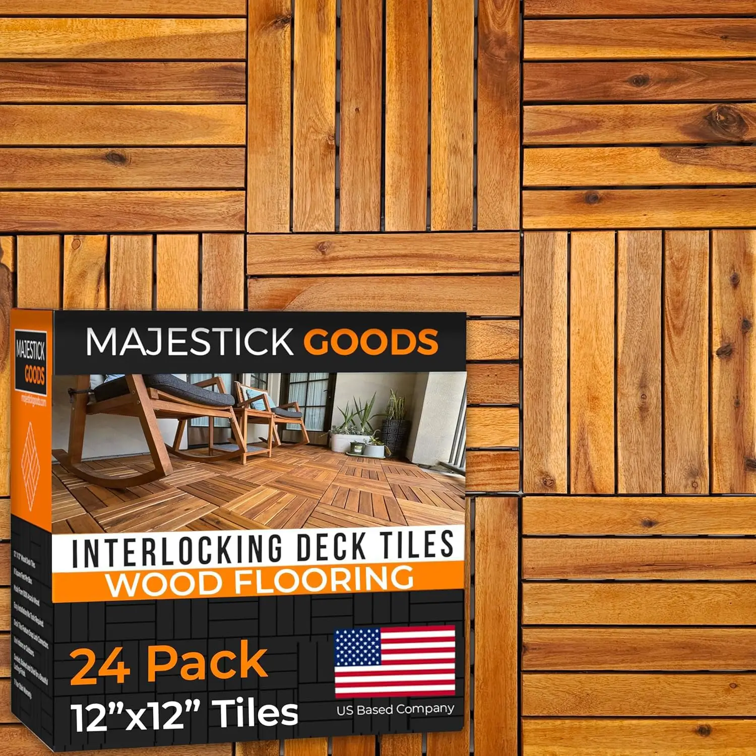 24-Pack Long Slat Acacia Wood Interlocking Deck Tiles | Easy Installation for Patio Flooring & Walkway with Raised Base