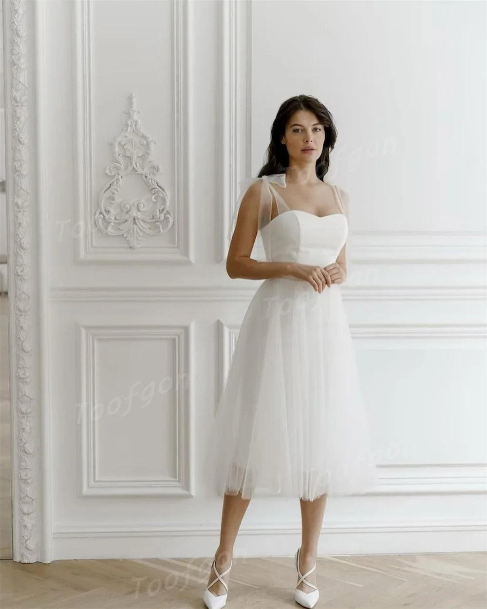 فساتين حفلات الزفاف القصيرة على شكل قلب من Toofgon، أشرطة تول ناعمة، فستان رسمي للحفلات الراقصة، طول الشاي، مناسبة خاصة حسب الطلب