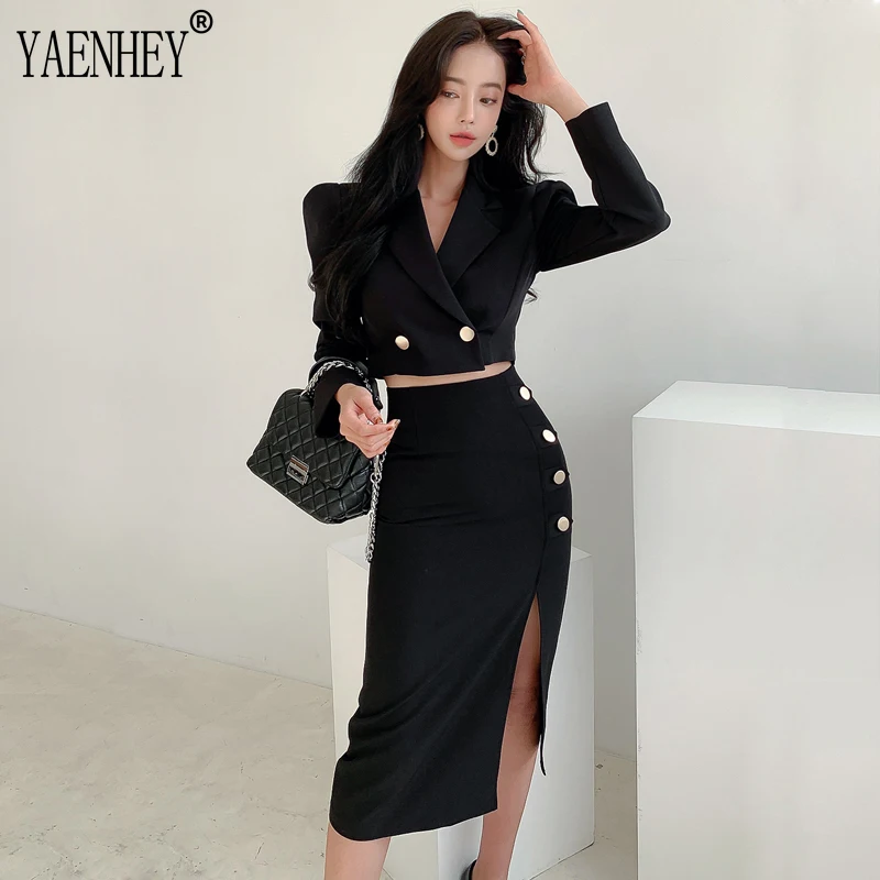 Sexy 2 Piece Outfit Short Set Women Korean Fashion Elegant Ladies Clothes Cropped Suit Blazer Coat High Waist Slit Skirt Autumn