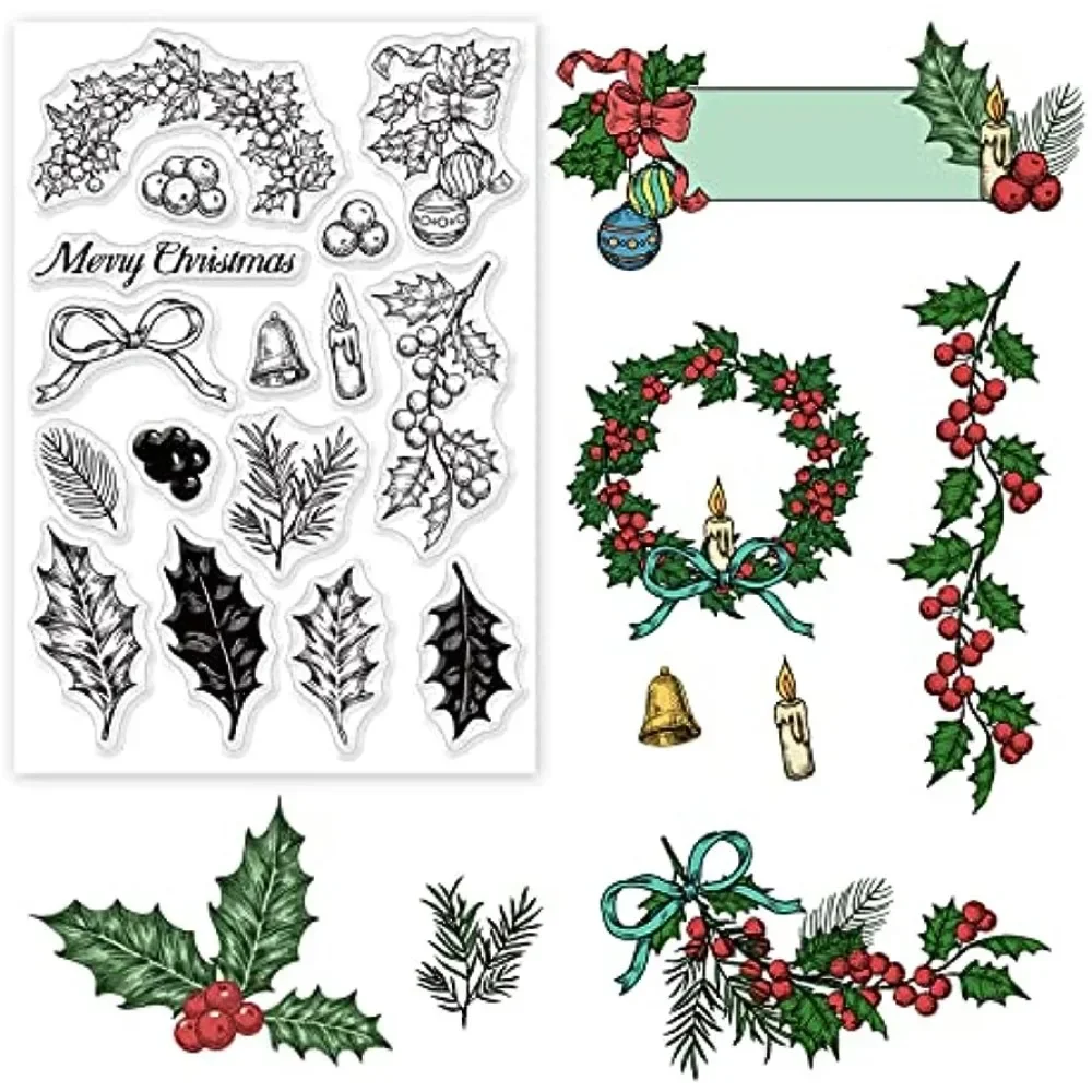 Merry Christmas Themed Clear Stamps, Holly Leaf/Pine Needle/Candle/Bell/Bow Pattern Clear Rubber Stamps for Card Photo Album