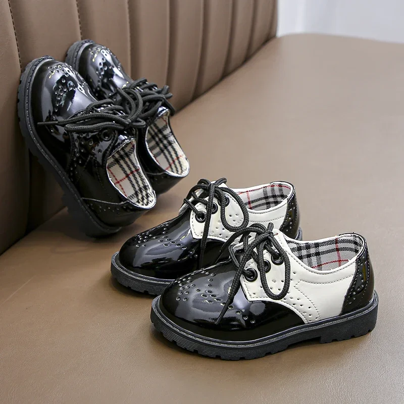 Boys Formal Shoes PU Leather British Design Kids Fashion Flats for Wedding Party Black for School Lace-up Soft Classic Non-slip