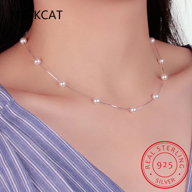 925 Sterling Silver 12 PCS 6mm Freshwater Pearl Box Chain Clavicle Necklace For Women Wedding Party S925 Jewelry Choker DA2315