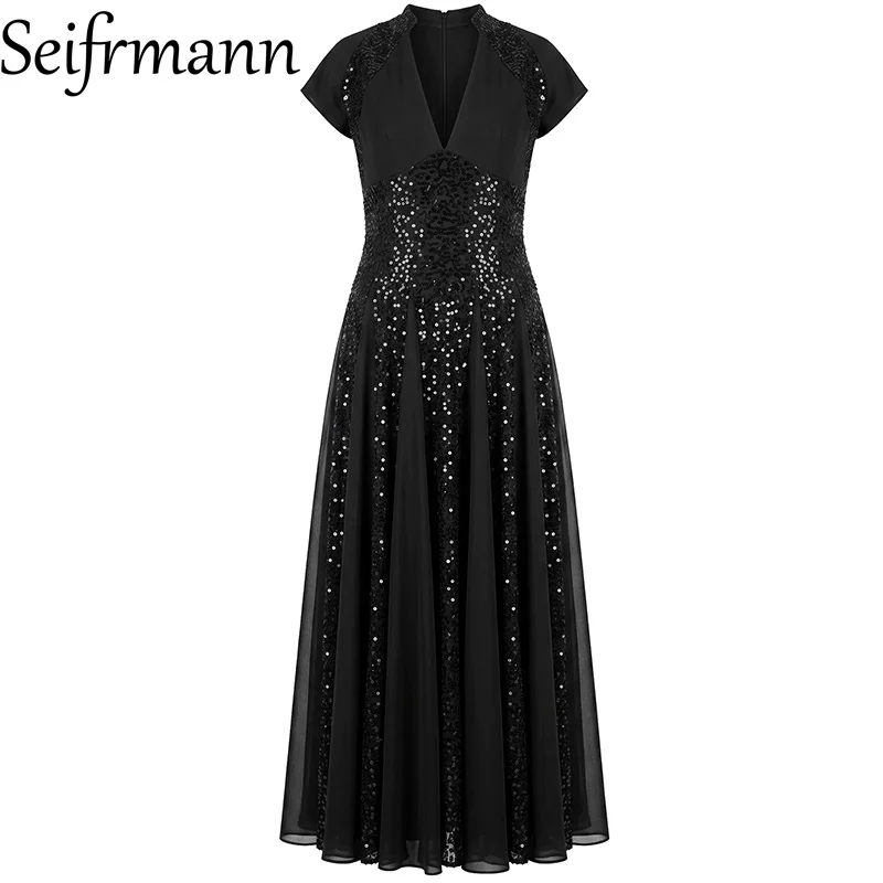Seifrmann Spliced ​​sequin temperament dress V-neck short-sleeved waist long dress 2026 summer new women's clothing