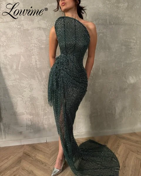 Green Long Prom Dresses Strapless High Split Side Mermaid Party Gowns Heavy Beads Arabic Evening Dress Engagement Evening Wear