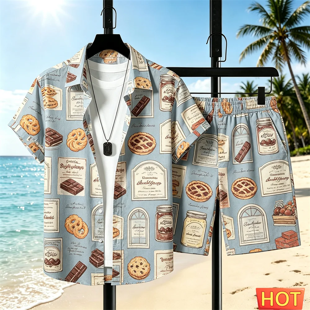 Summer Men's Hawaii Vacation Shirt Set Dessert graphic shirt Beach Vacation men's Two-piece set Breathable men shirt+shorts tops