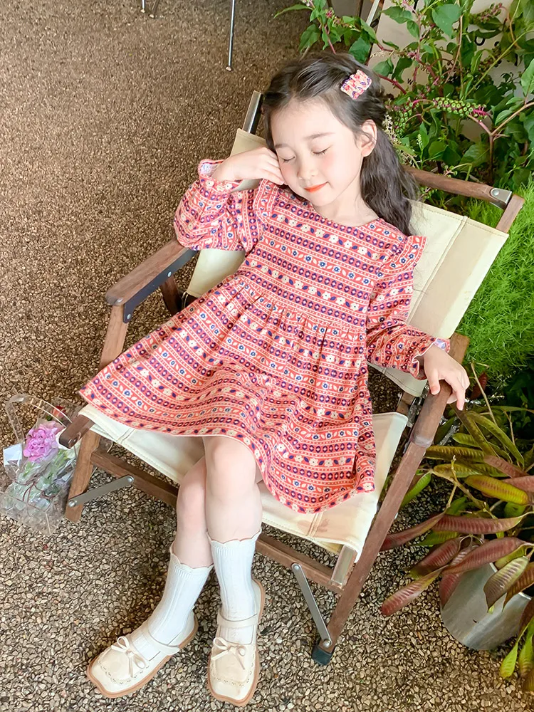 Princ Sle Long Sve 花柄プリント コットン Dr 女の子用 秋シーズン 子供服 スイート Sle ミディスカート