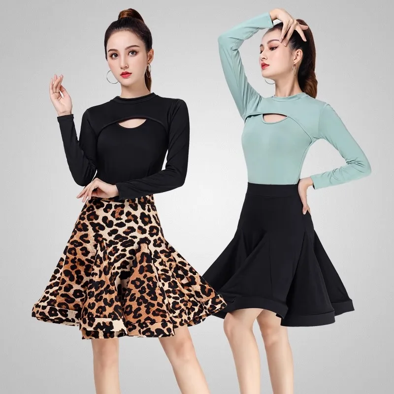 

Customized Latin Dance Big Swing Skirt Adult Women's Mid Sleeve Top Half Body Skirt Leopard Pattern Practice Set Skirt Dress