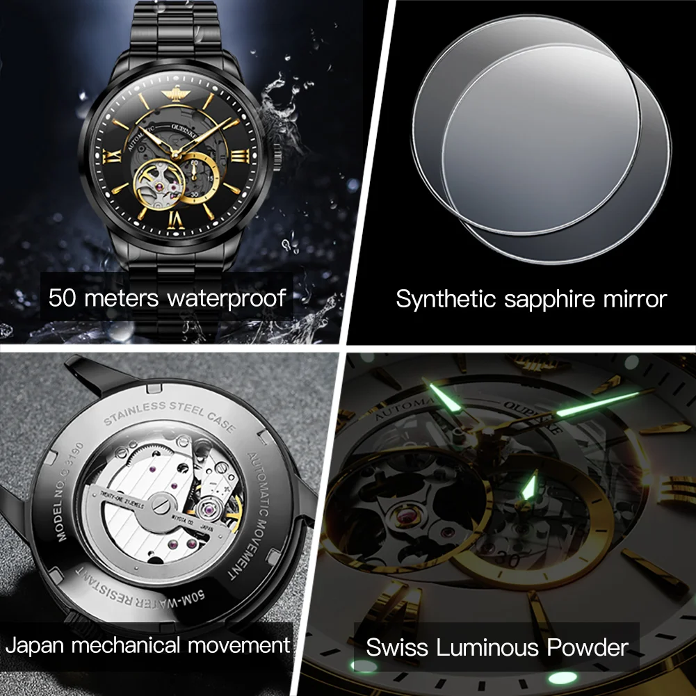 OUPINKE 3190 Orologio da uomo di alta qualità di lusso scheletro Tourbillon orologio meccanico orologi impermeabili in acciaio inossidabile per regalo uomo